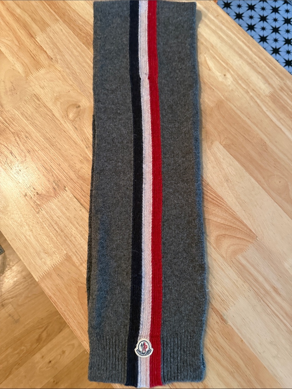 Moncler Gray Wool Scarf with Red, White & Navy Center Stripes
